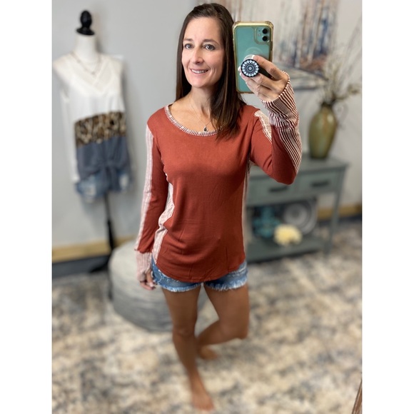 ❤️‍🔥Thumbhole Ribbed Contrast Soft Long Sleeve Top Rust 3621 - Picture 9 of 9